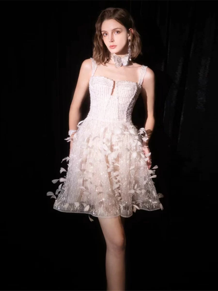 Glitzerndes A-Linien-Spaghettiträger-Kleid, weiß, Pailletten, kurz, Mini-Partykleid, Cocktailkleid, Heimkehrkleid N3930