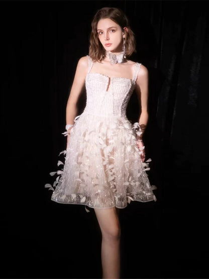 Glitzerndes A-Linien-Spaghettiträger-Kleid, weiß, Pailletten, kurz, Mini-Partykleid, Cocktailkleid, Heimkehrkleid N3930