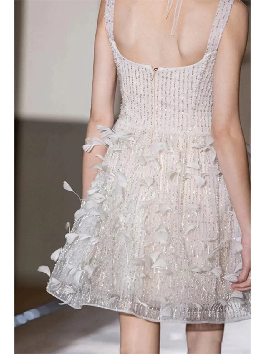 Glitzerndes A-Linien-Spaghettiträger-Kleid, weiß, Pailletten, kurz, Mini-Partykleid, Cocktailkleid, Heimkehrkleid N3930