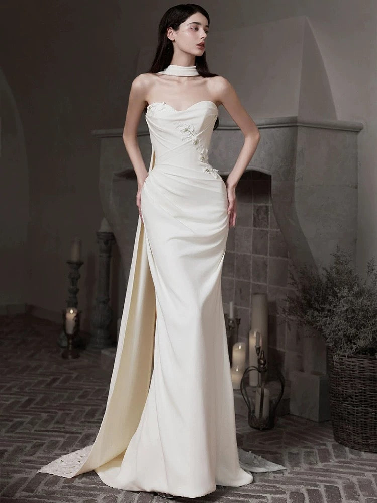 Robes de mariée romantiques sirène bustier avec écharpe robe de mariée pour jardin d'été N3931