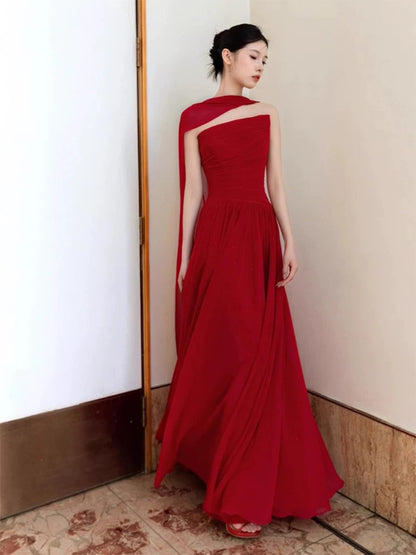 Robes de soirée simples en mousseline de soie rouge, coupe trapèze, sans bretelles, pour le printemps, l'été, la plage, formelles, pour invitées de mariage N3933