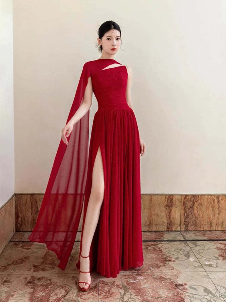 Robes de soirée simples en mousseline de soie rouge, coupe trapèze, sans bretelles, pour le printemps, l'été, la plage, formelles, pour invitées de mariage N3933