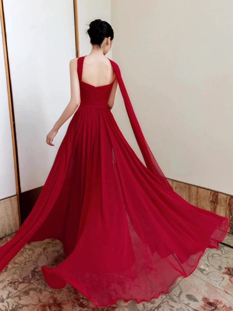 Robes de soirée simples en mousseline de soie rouge, coupe trapèze, sans bretelles, pour le printemps, l'été, la plage, formelles, pour invitées de mariage N3933