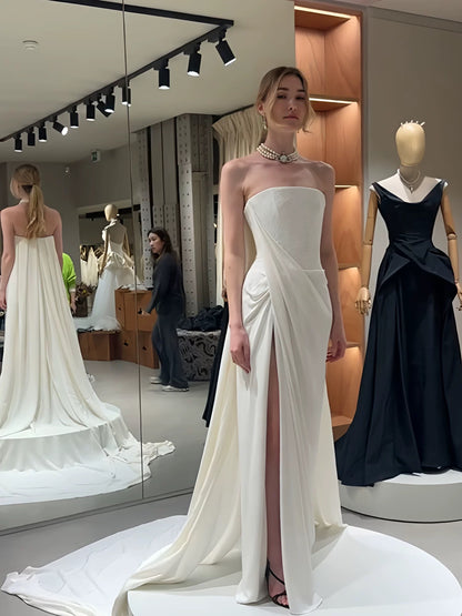 Robes de mariée romantiques Sirène Bustier Satin Blanc Fendue Style Français Robe de Mariée Jardin d'été N3936
