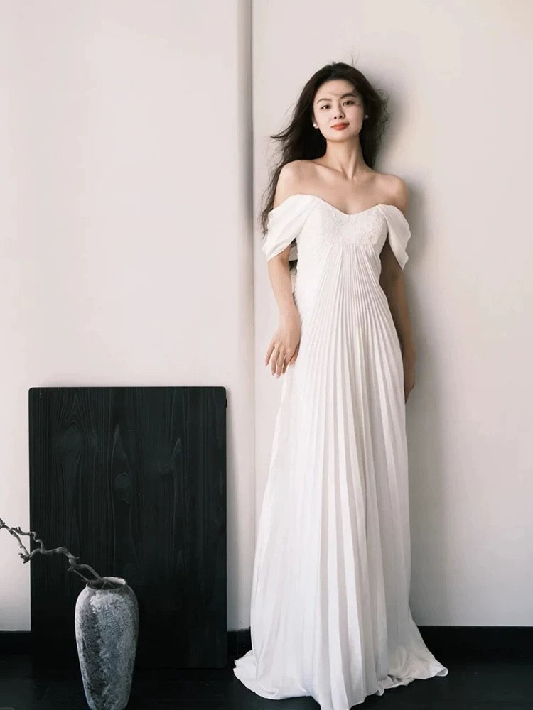 Simple Wedding Dresses A Line Off The Shoulder White Chiffon French Style Summer Garden Wedding Gown N3938