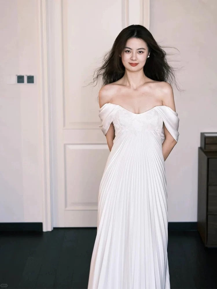 Simple Wedding Dresses A Line Off The Shoulder White Chiffon French Style Summer Garden Wedding Gown N3938