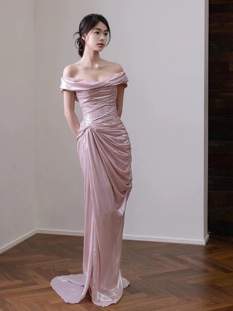Ravissante Robe de Bal Sirène Rose Épaules Dénudées Longue de Soirée Formelle N3940