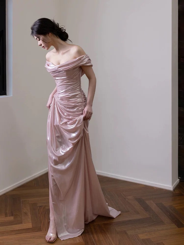 Ravissante Robe de Bal Sirène Rose Épaules Dénudées Longue de Soirée Formelle N3940