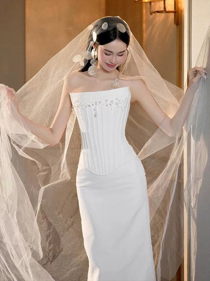 Classy Wedding Dresses Mermaid Strapless White With Pearls Summer Garden Wedding Reception Dress N3942
