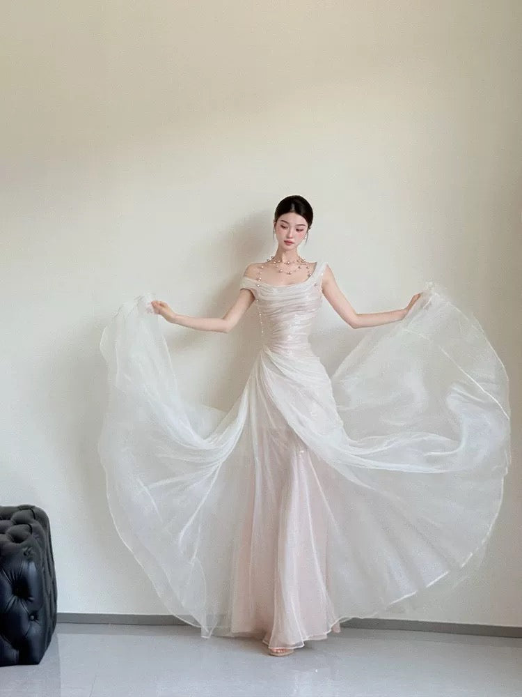 Classy Wedding Dresses Mermaid Off The Shoulder White With Pleated Summer Garden Wedding Reception Dress N3943