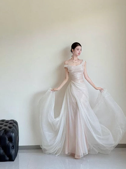 Classy Wedding Dresses Mermaid Off The Shoulder White With Pleated Summer Garden Wedding Reception Dress N3943