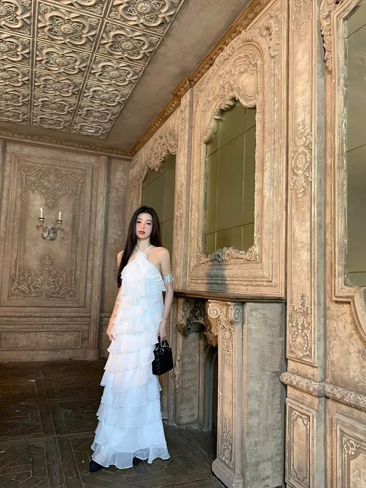 Robe de bal trapèze simple sans manches en mousseline blanche pour le printemps, l'été, la plage, les mariages N3944