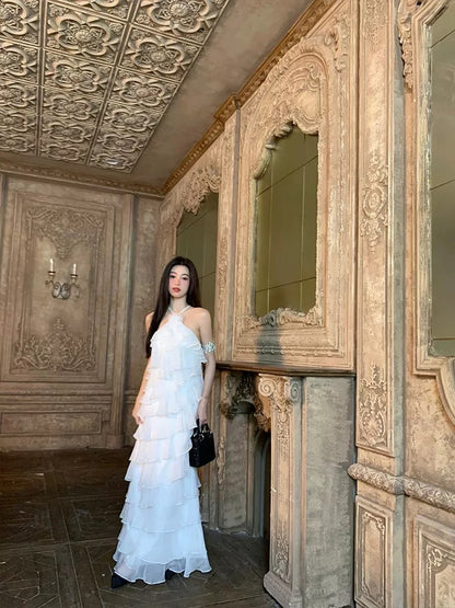Robe de bal trapèze simple sans manches en mousseline blanche pour le printemps, l'été, la plage, les mariages N3944