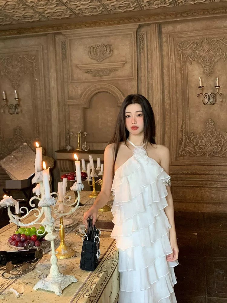 Robe de bal trapèze simple sans manches en mousseline blanche pour le printemps, l'été, la plage, les mariages N3944