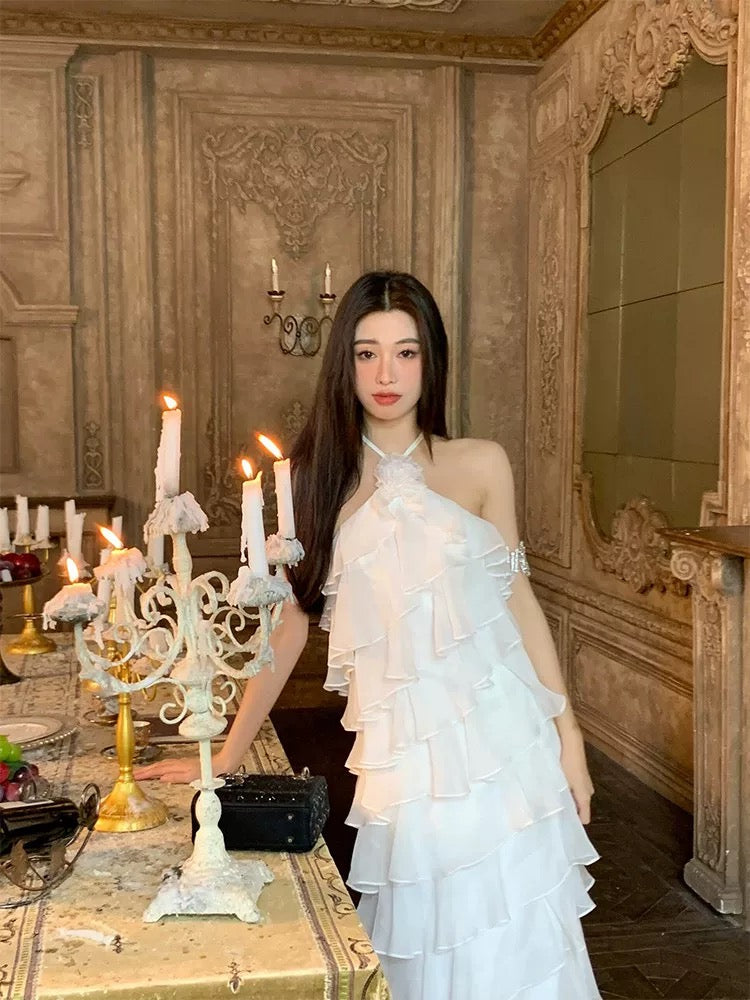 Robe de bal trapèze simple sans manches en mousseline blanche pour le printemps, l'été, la plage, les mariages N3944