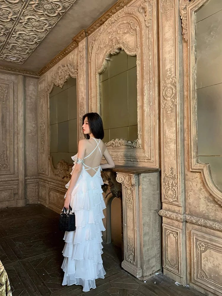 Robe de bal trapèze simple sans manches en mousseline blanche pour le printemps, l'été, la plage, les mariages N3944