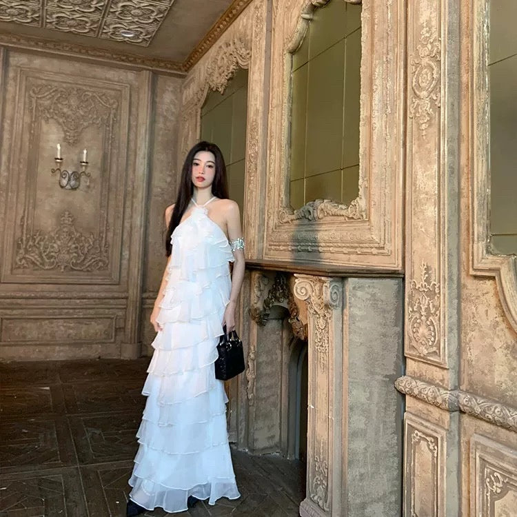 Robe de bal trapèze simple sans manches en mousseline blanche pour le printemps, l'été, la plage, les mariages N3944