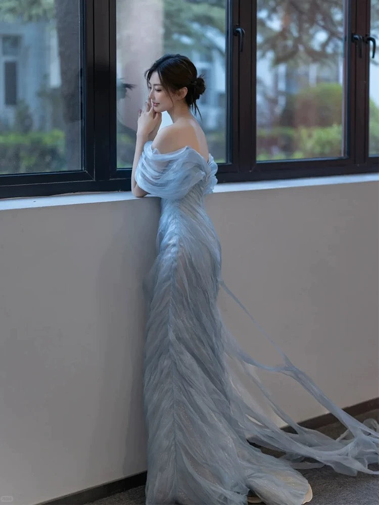 Bezaubernde Ballkleider Meerjungfrau schulterfrei Hellhimmelblau langes formelles Abendkleid N3946