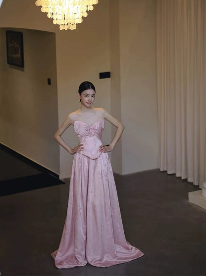 Robes de soirée simples en satin rose coupe trapèze, bustier en cœur, pour le printemps, l'été, la plage, pour invitées de mariage N3947