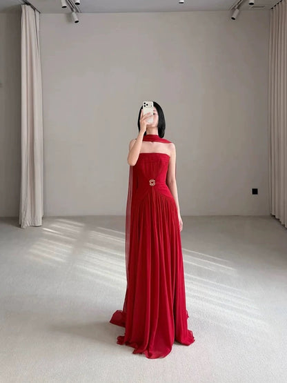 Schlichtes, trägerloses A-Linien-Kleid aus rotem Chiffon mit Schal für den Abschlussball, Frühling, Sommer, Strand, formelle Anlässe, Hochzeitsgäste N3950