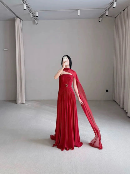 Schlichtes, trägerloses A-Linien-Kleid aus rotem Chiffon mit Schal für den Abschlussball, Frühling, Sommer, Strand, formelle Anlässe, Hochzeitsgäste N3950