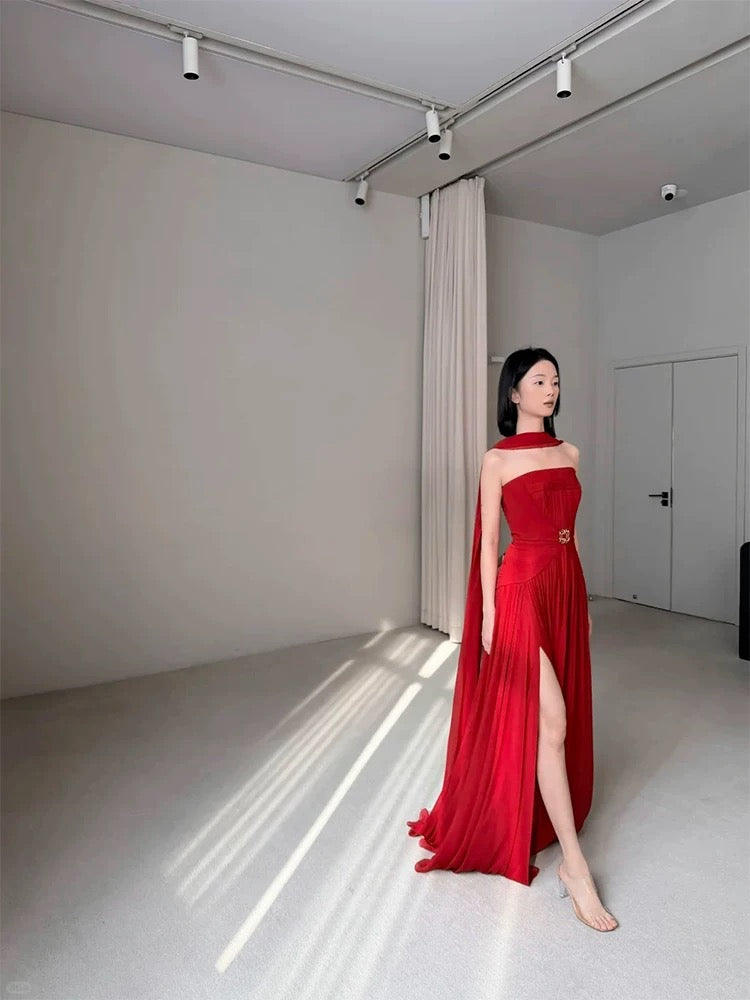 Schlichtes, trägerloses A-Linien-Kleid aus rotem Chiffon mit Schal für den Abschlussball, Frühling, Sommer, Strand, formelle Anlässe, Hochzeitsgäste N3950