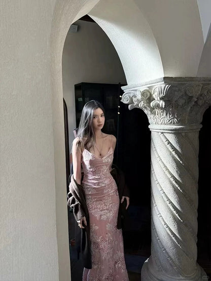 Beautiful Prom Dresses Mermaid Spaghetti Strap Pink Lace Long Formal Evening Dress N3953