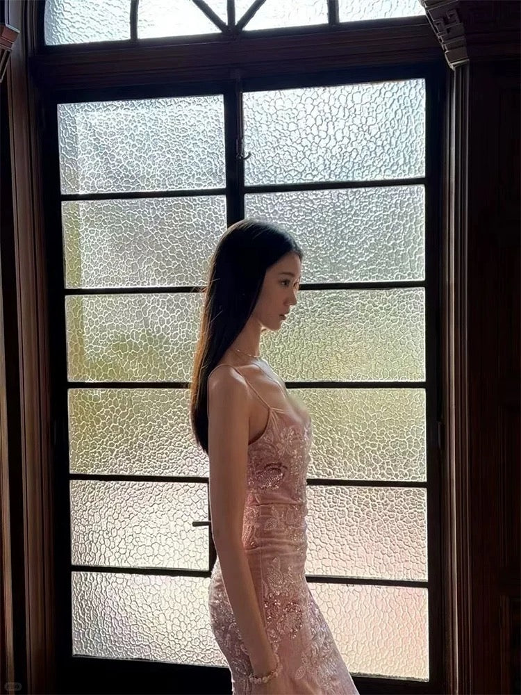 Beautiful Prom Dresses Mermaid Spaghetti Strap Pink Lace Long Formal Evening Dress N3953