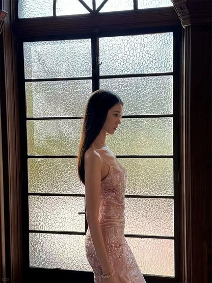 Beautiful Prom Dresses Mermaid Spaghetti Strap Pink Lace Long Formal Evening Dress N3953