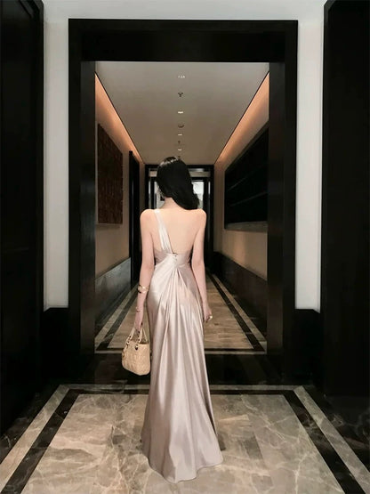 Sexy Prom Dresses Mermaid One Shoulder Champagne Satin Sleeveless Long Formal Evening Dress N3955