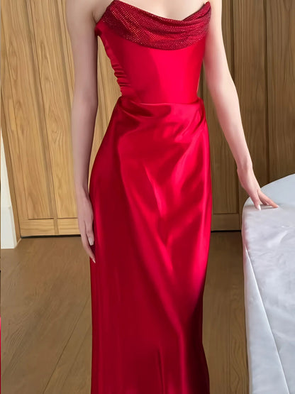 Robe de soirée sirène chic bustier en satin rouge pour les mariages de printemps/été, les événements formels sur la plage ou les invités de mariage N3956