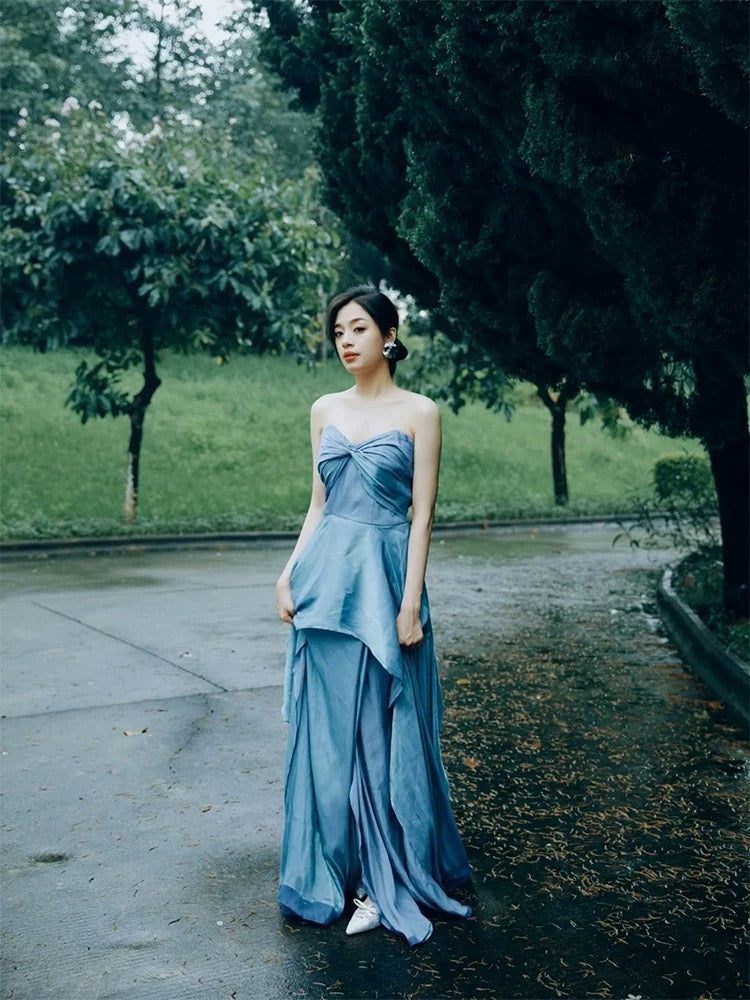 Robe de soirée/bal en satin bleu en ligne A, coupe cœur, glamour, printemps été, plage, formelle, invitée de mariage N3957