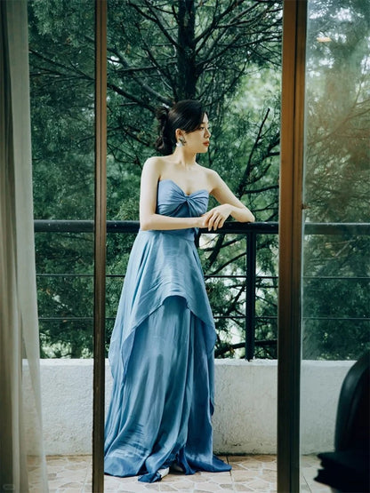 Robe de soirée/bal en satin bleu en ligne A, coupe cœur, glamour, printemps été, plage, formelle, invitée de mariage N3957