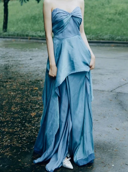 Robe de soirée/bal en satin bleu en ligne A, coupe cœur, glamour, printemps été, plage, formelle, invitée de mariage N3957