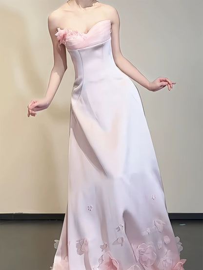 Robes de bal élégantes sirène bustier cœur rose satin sans manches longue robe de soirée formelle N3958