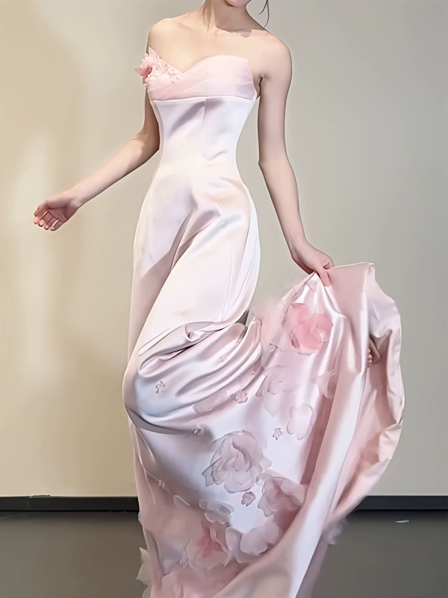 Robes de bal élégantes sirène bustier cœur rose satin sans manches longue robe de soirée formelle N3958