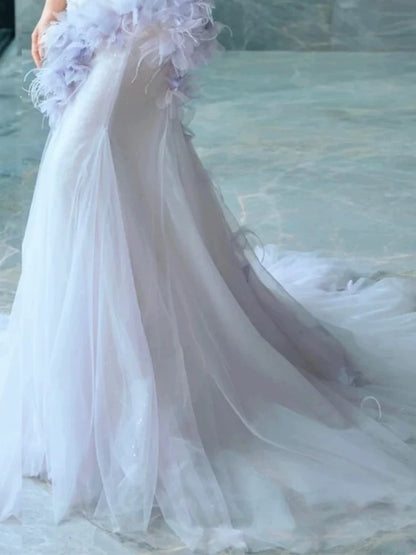Elegant Prom Dresses Mermaid Sweetheart Lilac Tulle With Flowers Feather Long Formal Evening Dress N3959
