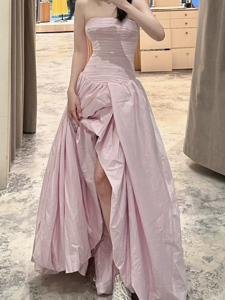 Glam Ball Gown Strapless Slit Pink Satin Prom Spring Summer Beach Formal Wedding Guest Dresses N3960