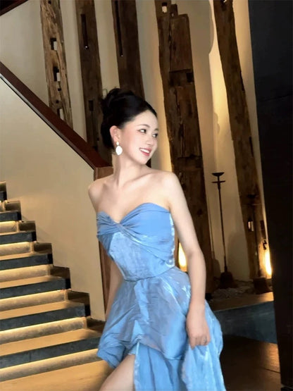 Elegantes A-Linien-Kleid mit Herz-Ausschnitt, blau, für den Abschlussball, Frühling, Sommer, Strand, formelle Anlässe, Hochzeitsgastkleider N3962