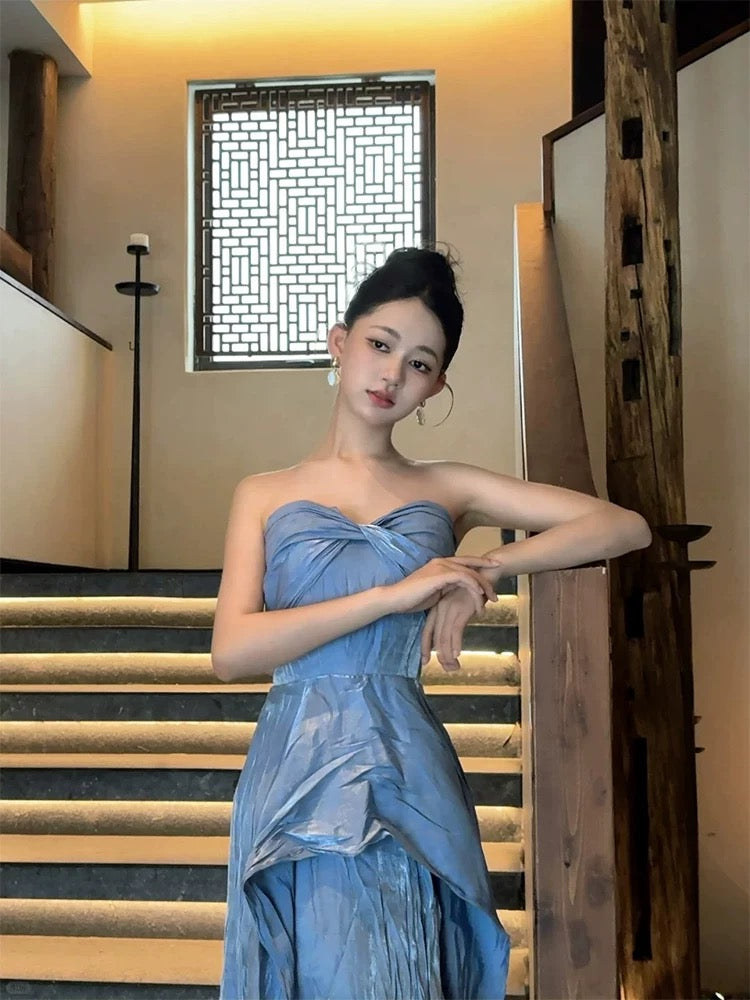 Elegantes A-Linien-Kleid mit Herz-Ausschnitt, blau, für den Abschlussball, Frühling, Sommer, Strand, formelle Anlässe, Hochzeitsgastkleider N3962