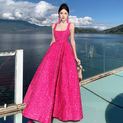 Magnifique Robe de Bal de Promesse Col Carré Rose Fushia Dentelle Longue Robe de Soirée Formelle N3965
