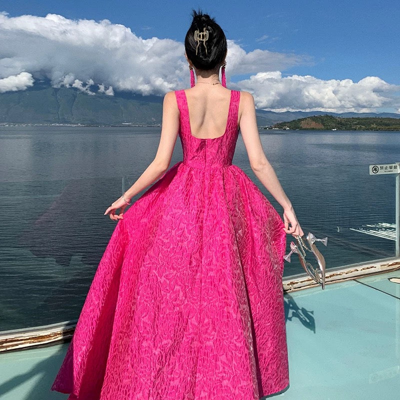 Magnifique Robe de Bal de Promesse Col Carré Rose Fushia Dentelle Longue Robe de Soirée Formelle N3965