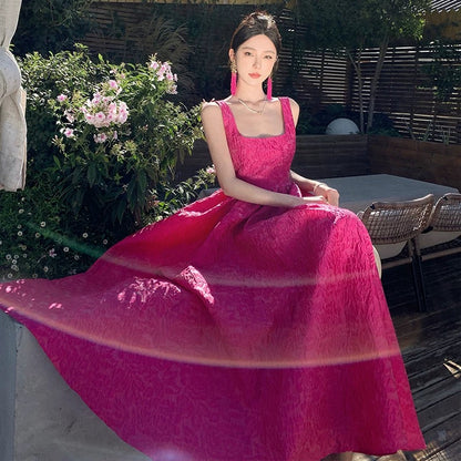 Magnifique Robe de Bal de Promesse Col Carré Rose Fushia Dentelle Longue Robe de Soirée Formelle N3965