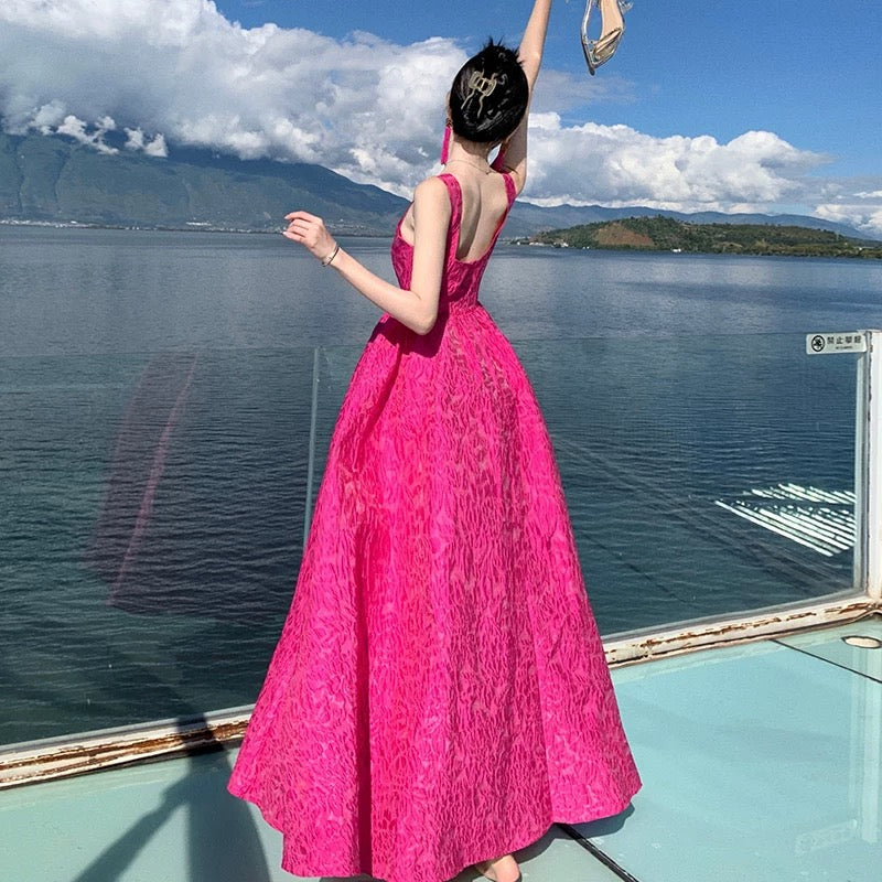 Magnifique Robe de Bal de Promesse Col Carré Rose Fushia Dentelle Longue Robe de Soirée Formelle N3965