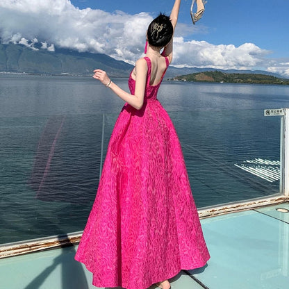 Magnifique Robe de Bal de Promesse Col Carré Rose Fushia Dentelle Longue Robe de Soirée Formelle N3965