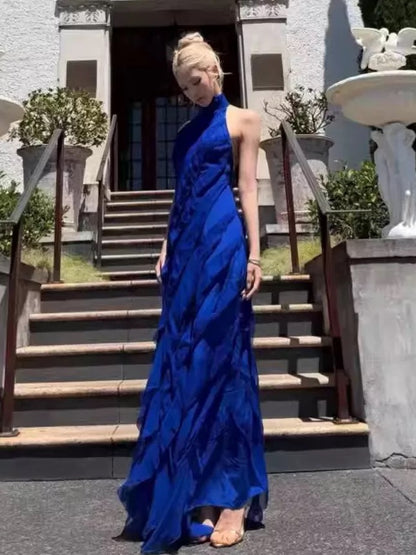 Elegante Abschlussballkleider Etui Hochgeschlossen Königsblau Chiffon mit Stufenlagen Langes Formelles Abendkleid N3969