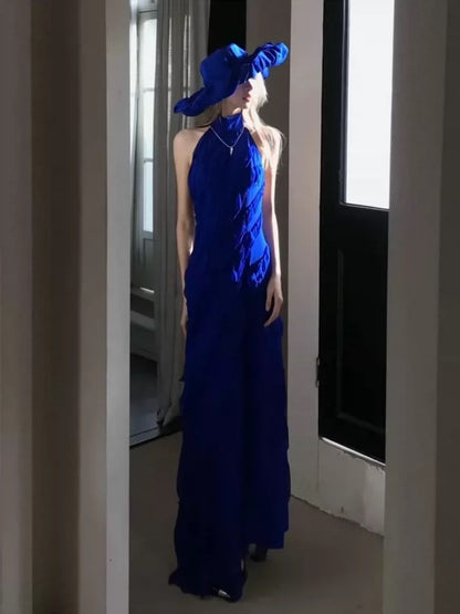 Elegante Abschlussballkleider Etui Hochgeschlossen Königsblau Chiffon mit Stufenlagen Langes Formelles Abendkleid N3969