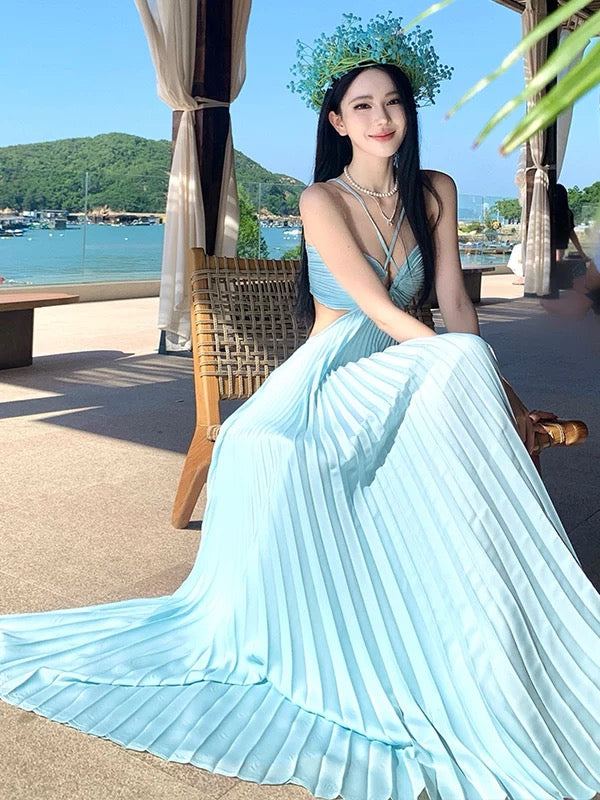 Élégantes robes de bal trapèze licou en mousseline bleue avec dos nu plissé, longue robe de soirée formelle N3970