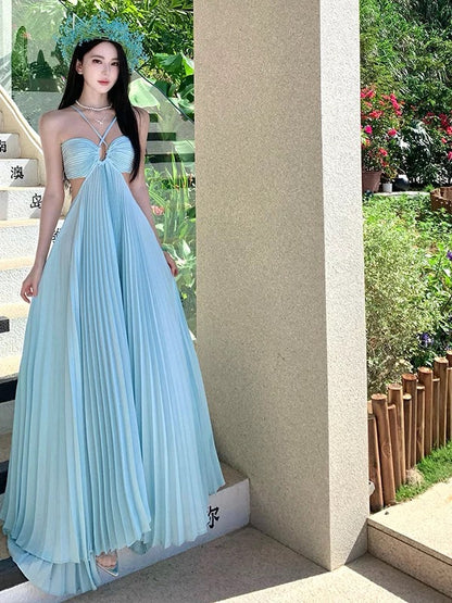 Élégantes robes de bal trapèze licou en mousseline bleue avec dos nu plissé, longue robe de soirée formelle N3970