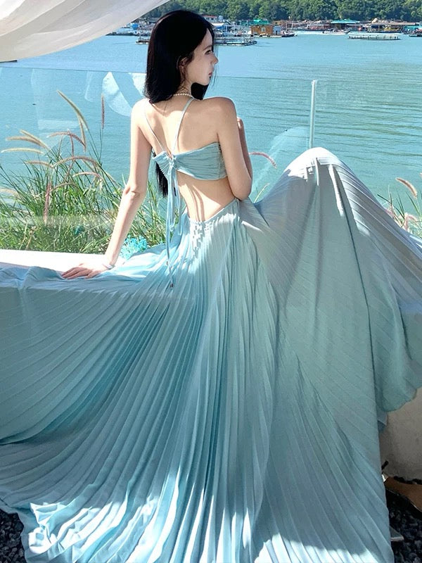 Élégantes robes de bal trapèze licou en mousseline bleue avec dos nu plissé, longue robe de soirée formelle N3970